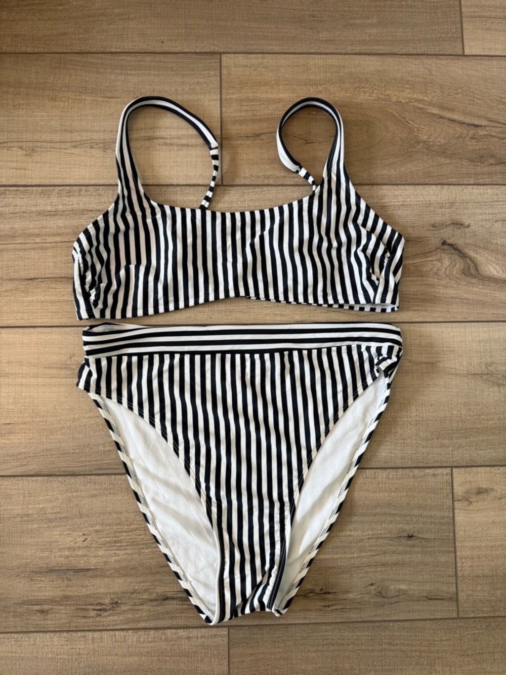 Xhiliration Black & White Striped Metallic Bikini Two Piece Swimsuit